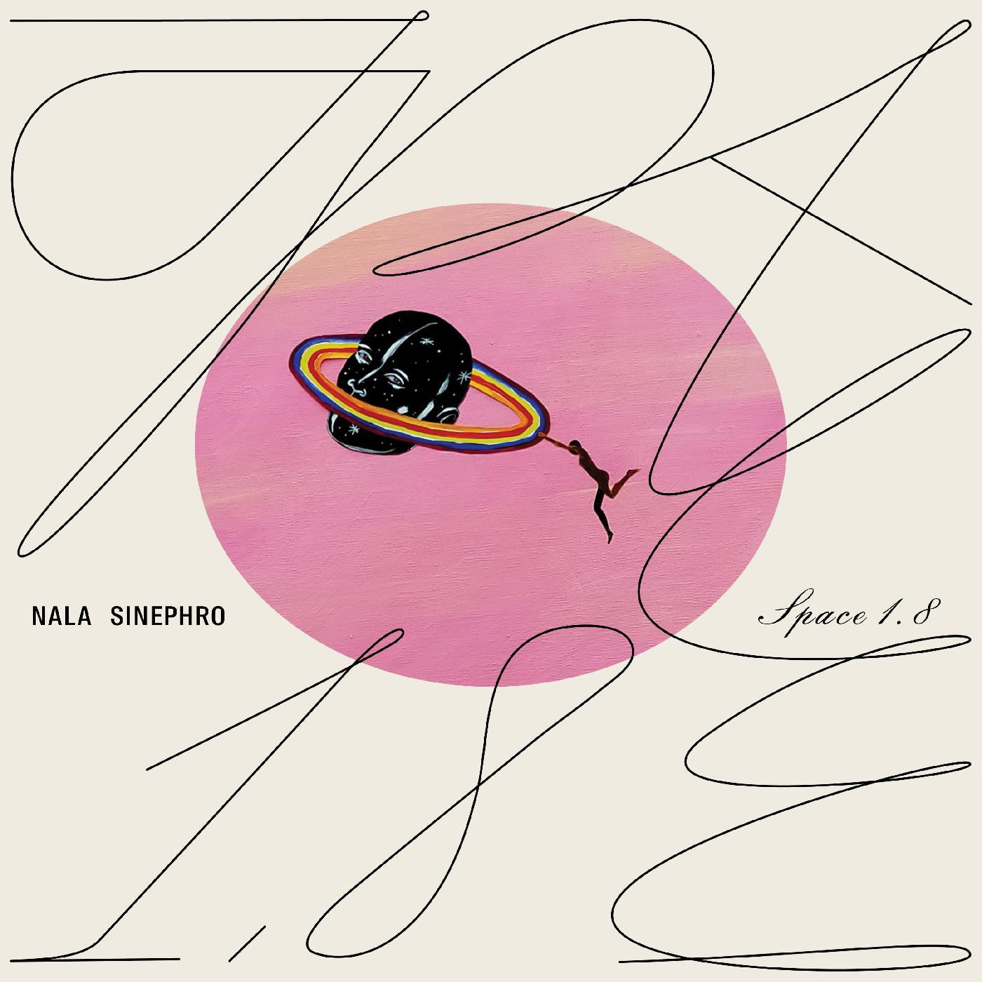 The Nala Sinephro – Space 1.8 bag by Tandem Coffee Roasters features a black head with a rainbow ring on a pink circle against cream, finished with elegant cursive and printed text inspired by the album cover.