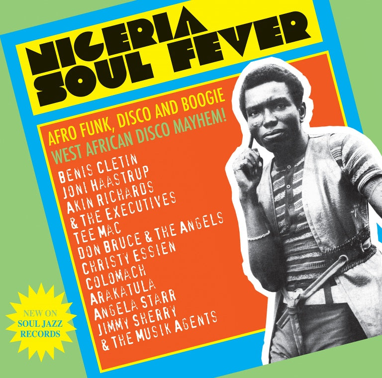 Nigeria Soul Fever (3LP) from Tandem Coffee Roasters features a black-and-white photo of a man with crossed arms on a yellow and blue background, highlighting artists like Joni Haastrup and Nigerian funk, Afro disco, and boogie grooves.