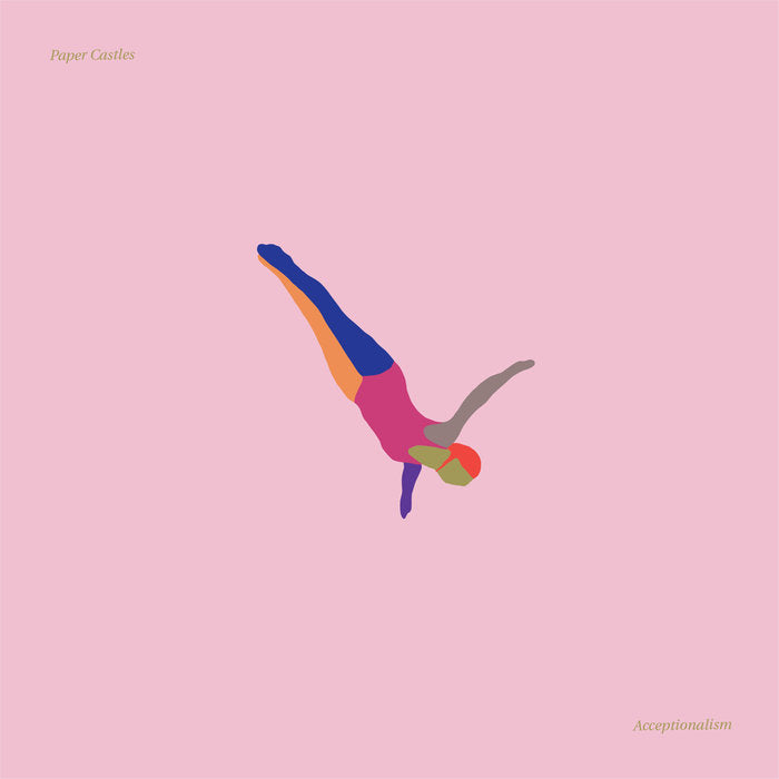 Minimalist artwork depicting a person in motion, performing a cartwheel, featuring bright geometric shapes on a pastel pink background, representing the human figure. Titled "Tandem Coffee Roasters - Acceptinalism".