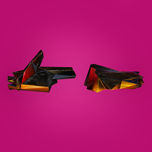 Two origami frogs crafted from shiny, multicolored paper displayed against a vivid pink background. The frogs face each other, highlighting contrasting color schemes inspired by Tandem Coffee Roasters - Run the Jewels - 4 songs.