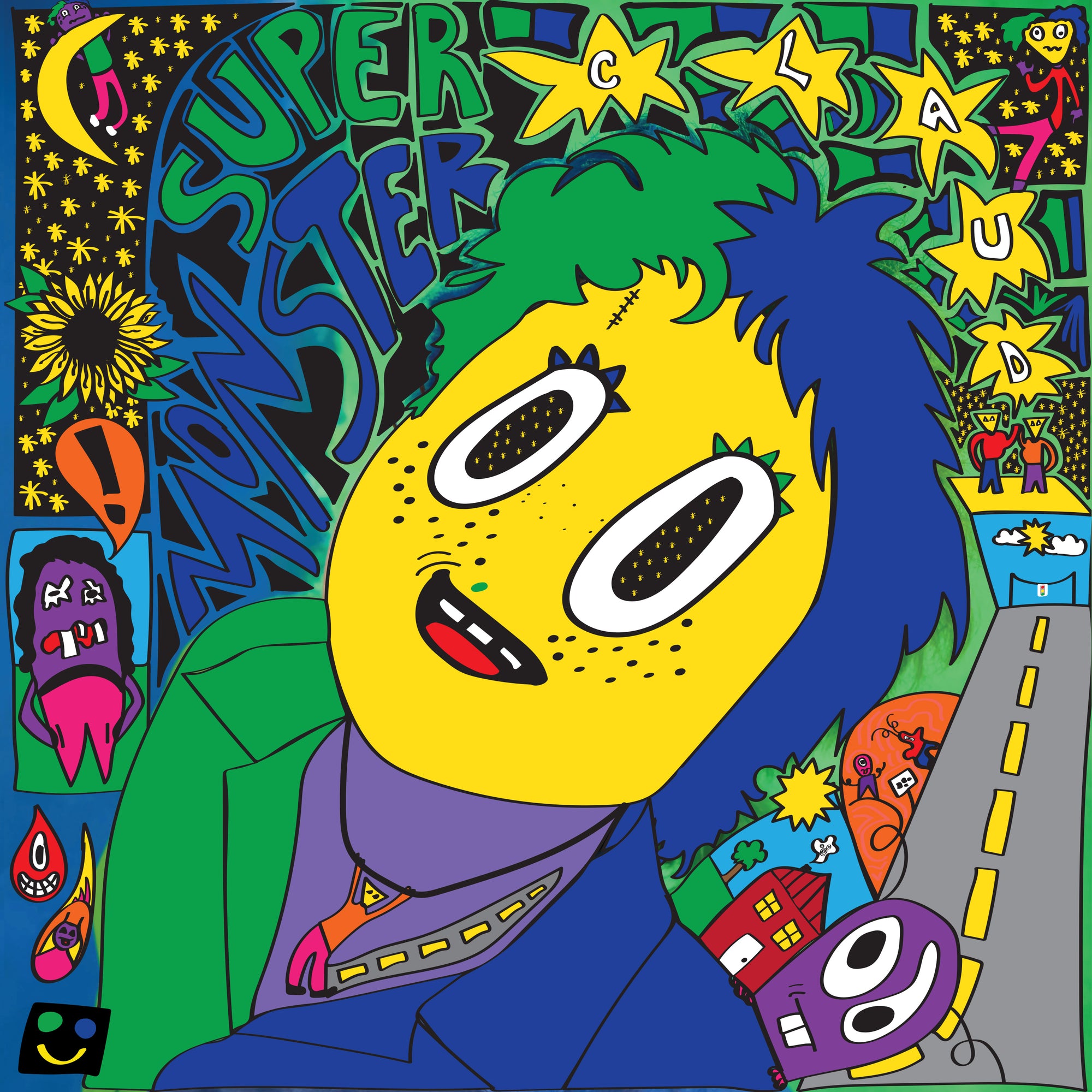 Colorful pop art style illustration featuring a large, yellow-faced character with blue hair and black eyes, surrounded by various colorful, cartoonish elements and the words "Tandem Coffee Roasters - Super Monster" in bold.