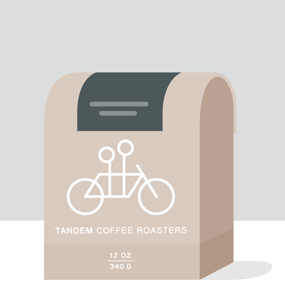 A stylized image of a beige paper bag from Tandem Coffee Roasters featuring Stoker roasted coffee with a bicycle logo, indicating the contents to be 12 oz (340 g) of coffee.