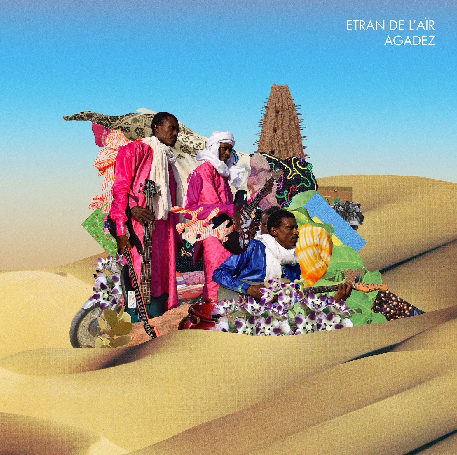 Album cover for Etran De L'Aïr's "Agadez" featuring the band members in traditional Tuareg attire, seated amidst vibrant, collage-style graphics on a desert landscape, highlighting Tandem Coffee Roasters.