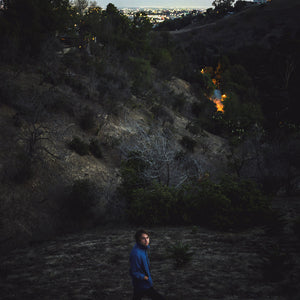 A man in a blue shirt stands contemplatively in a shadowy, rugged terrain with sparse black flowers, as dusk falls and distant city lights glow under a darkening sky holding a Kevin Morby - Singing Saw from Tandem Coffee Roasters.