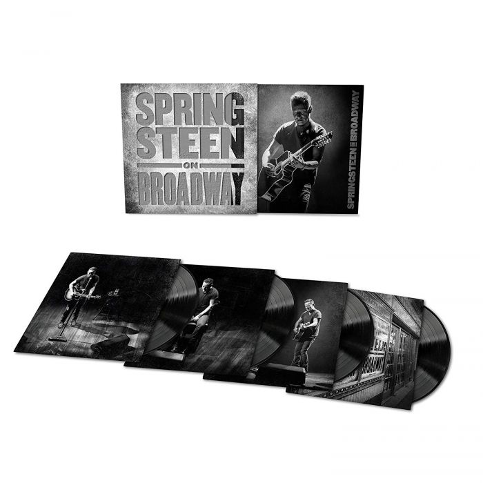Promotional image featuring the album "Springsteen on Broadway," with four vinyl records displayed in front, each showing Bruce Springsteen performing "Thunder Road" live on stage by Tandem Coffee Roasters.