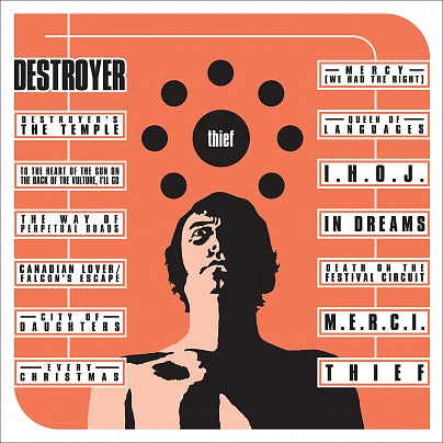 Album cover for "Destroyer - Thief (transparent teal vinyl)" by Tandem Coffee Roasters. Features an orange and black color scheme with a stylized image of a man's face in shadow. Includes the brand's name, product title, and the track list artfully positioned around the central figure, reflecting Destroyer's classical guitar influences.