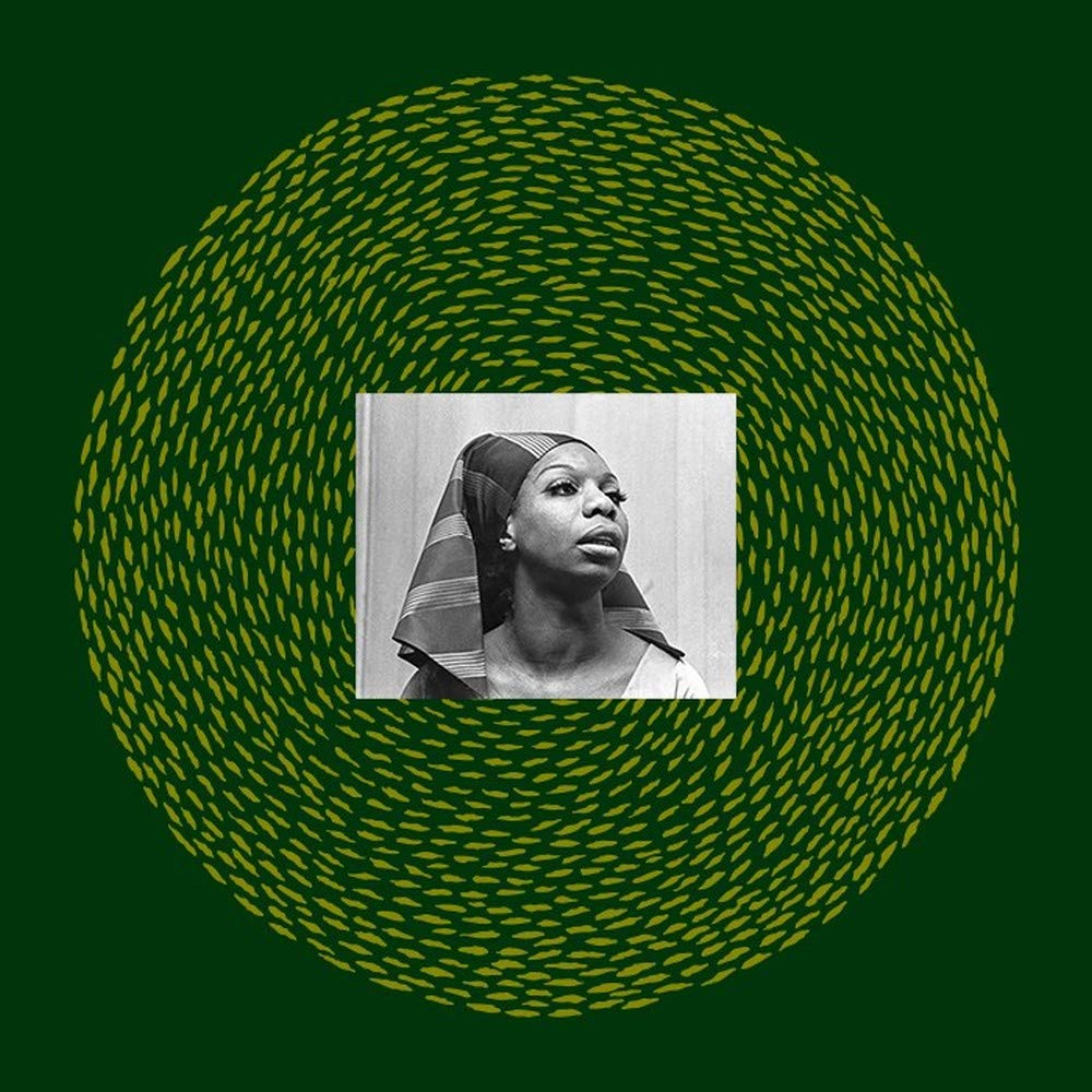 A black and white photo of Nina Simone with a headscarf is centered on a vibrant green background with an abstract yellow pattern forming a circular frame around her, featuring The Truth is a Lie - American Soul Music 1955 - 1972 by Tandem Coffee Roasters.