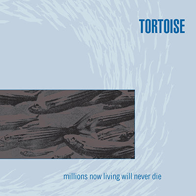 Album cover for Tandem Coffee Roasters' Tortoise - Millions Now Living Will Never Die (colored vinyl) featuring a stylized image of a tortoise on a textured blue background with white swirls and the track list text.