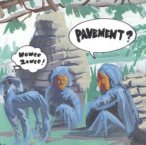 An illustration of three whimsical, blue monkey-like creatures sitting under a tree, with speech bubbles saying "Pavement - Wowee Zowee!" and "indie rock?" near a stone structure by Tandem Coffee Roasters.