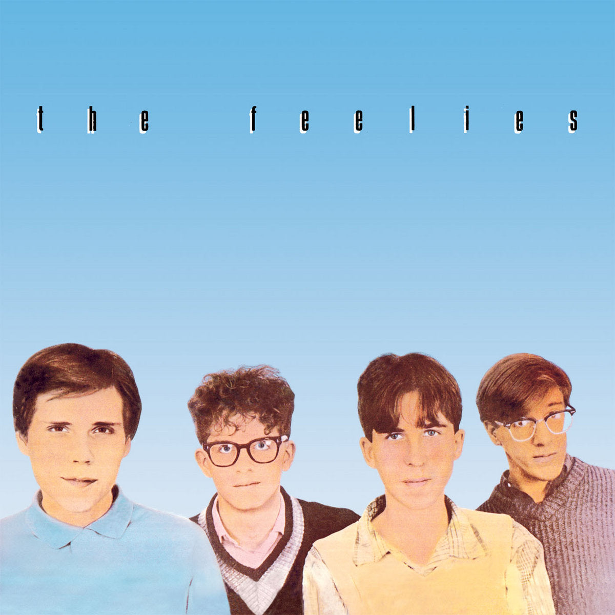 Album cover for "Crazy Rhythms" by The Feelies featuring four band members against a sky blue background, with the band's name in white lowercase letters at the top, ideal for Talking Heads fans.