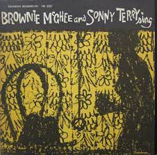 Album cover for "Brownie McGhee and Sonny Terry - Sing" featuring abstract, stylized black silhouettes of the artists against a yellow background with floral patterns.