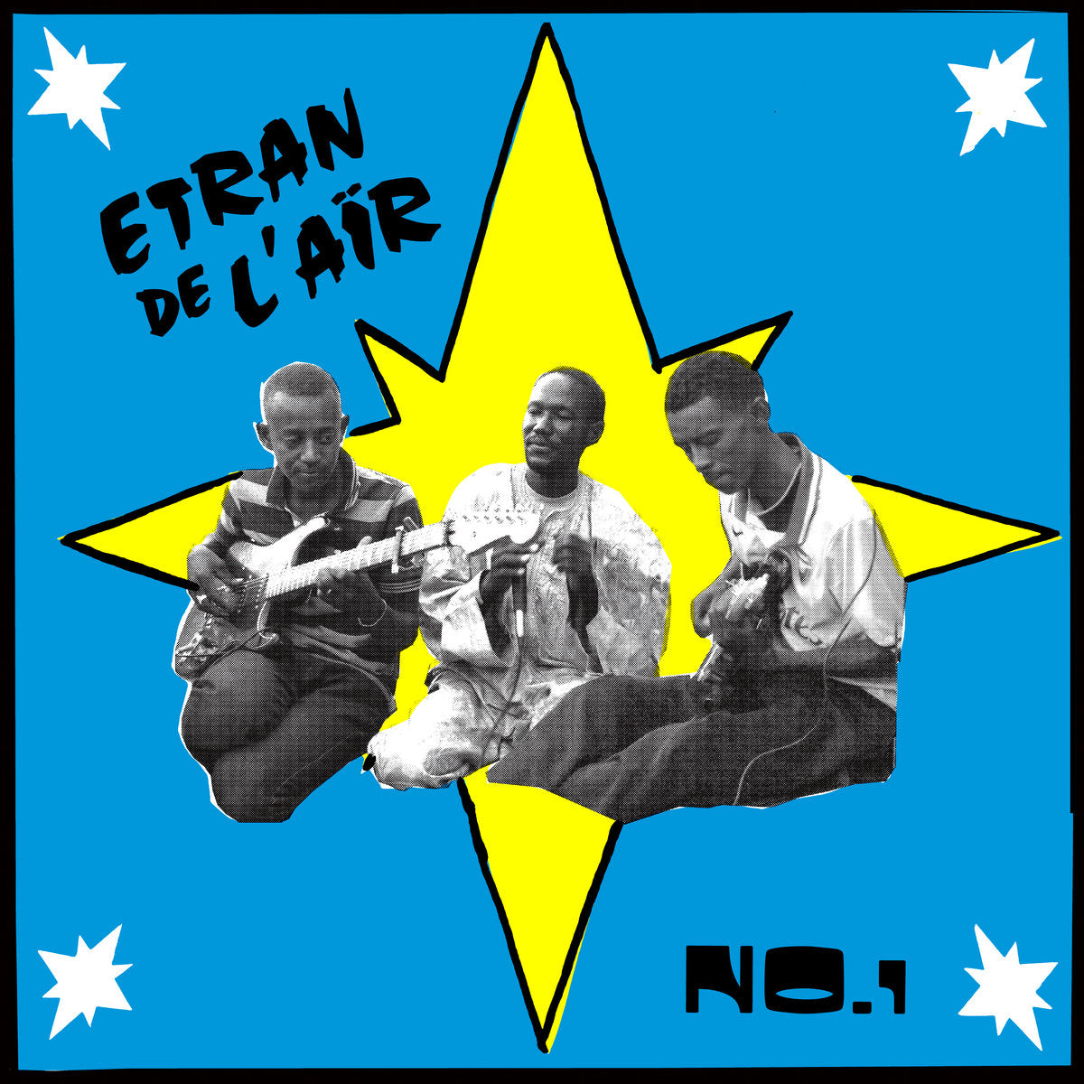 Three men with guitars, desert blues icons from Agadez, sit before a yellow starburst on blue. “Etran De L’Aïr - No. 1” and Tandem Coffee Roasters appear, with four white stars in each corner of the artwork.