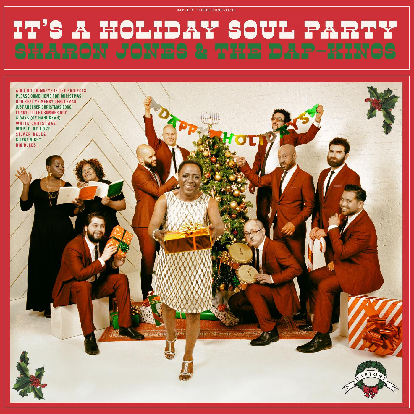 Album cover for "Sharon Jones & The Dap Kings - It's a Holiday Soul Party (Candy Cane Vinyl)" by Tandem Coffee Roasters, featuring the band in festive attire with instruments, surrounded by holiday decorations like a Christmas tree and gifts.