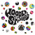 Graphic design featuring the album "Back to Land" by Wooden Shjips in bold, curvy black letters, surrounded by various colorful, artistic circles with different abstract and representational designs.